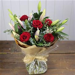 Oriental Lily and Red Rose Hand Tied 